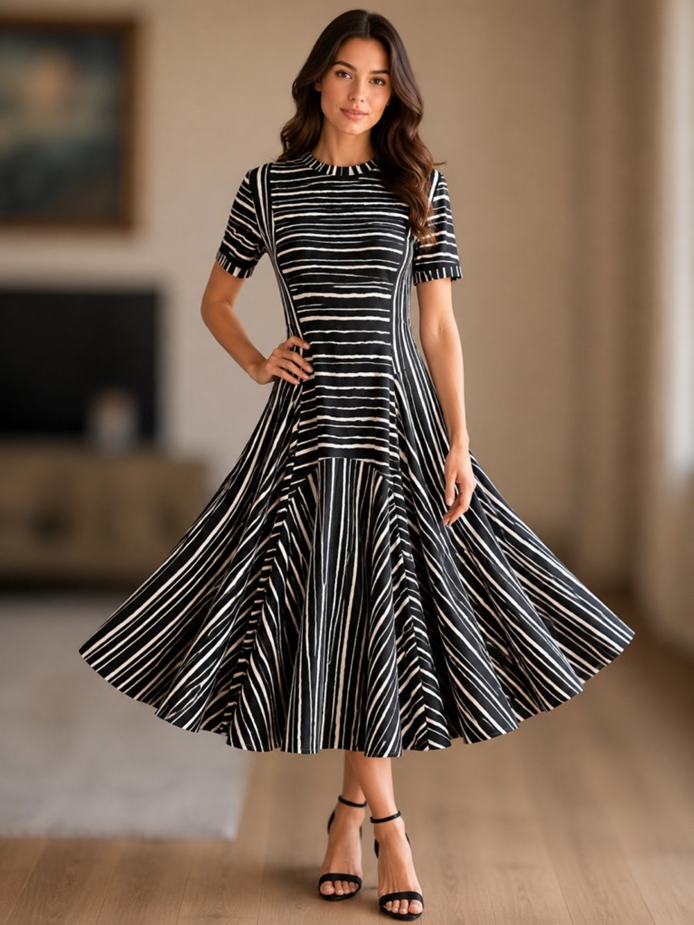 DKNY Black and White Striped Midi Fit-and-Flare Dress